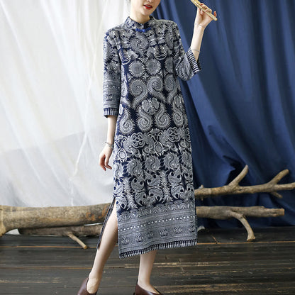 Mythstone Blue White Flower Frog-button Midi Dress Three Quarter Sleeve Linen Batik Dress With Pockets