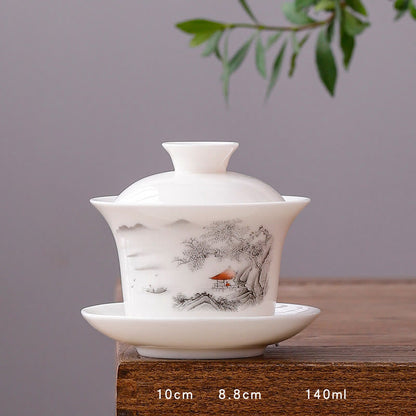 Mythstone White Porcelain Mountain Landscape Countryside Ceramic Gaiwan Teacup Kung Fu Tea Cup And Saucer With Lid