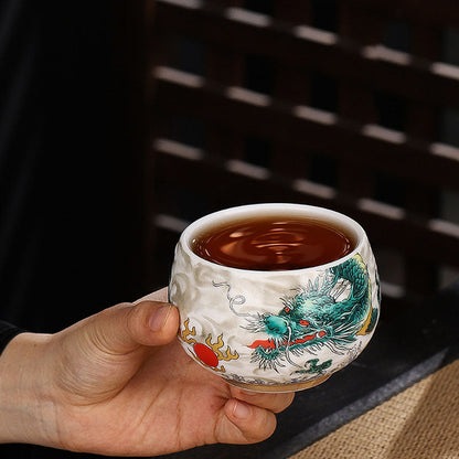 Mythstone Dragon Cicada Bamboo Deer Crane Lotus Plum Flower Ceramic Teacup Kung Fu Tea Cup Bowl 185ml