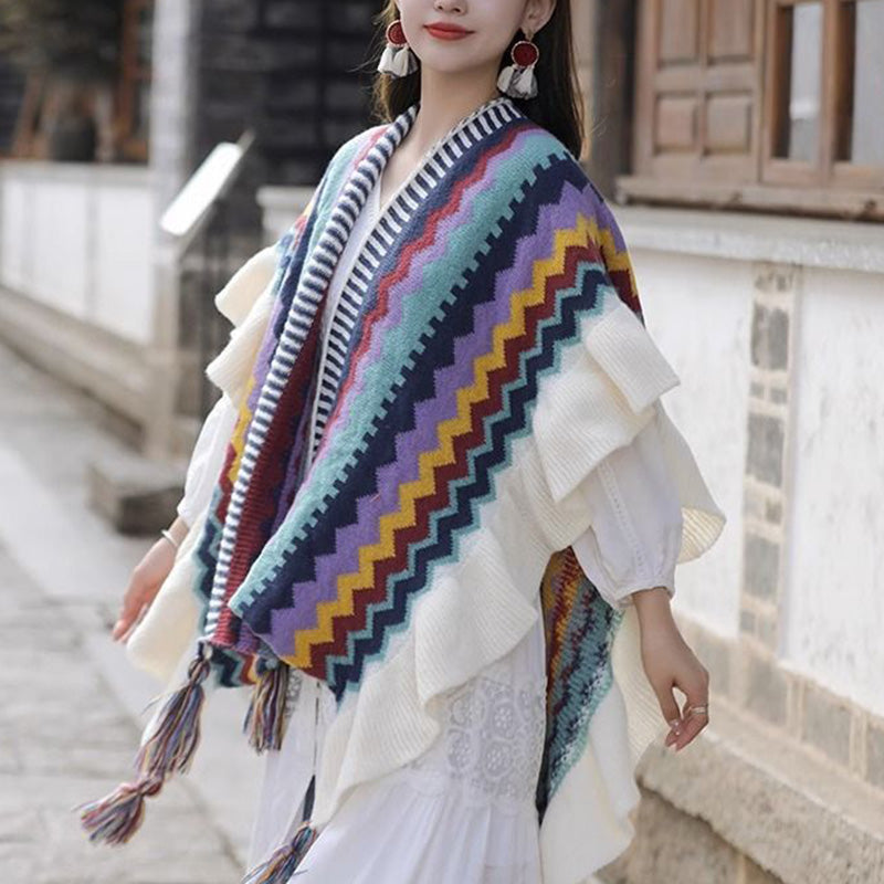 Mythstone Tibetan Shawl Colorful Striped Wavy Line Tassels Winter Cozy Travel Scarf Wrap