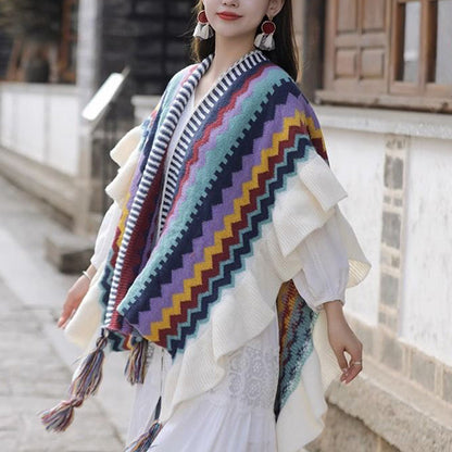 Mythstone Tibetan Shawl Colorful Striped Wavy Line Tassels Winter Cozy Travel Scarf Wrap