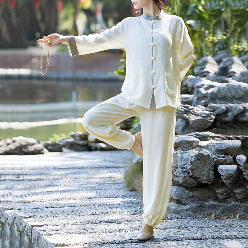 Mythstone 2Pcs Frog-Button Long Sleeve Shirt Top Pants Meditation Zen Tai Chi Cotton Linen Clothing Women's Set