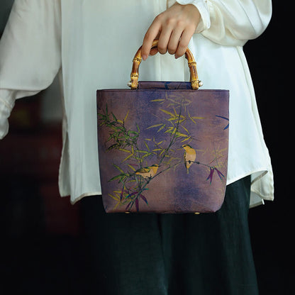 Mythstone Purple Magpie Birds Branches Bamboo Handles Handbag