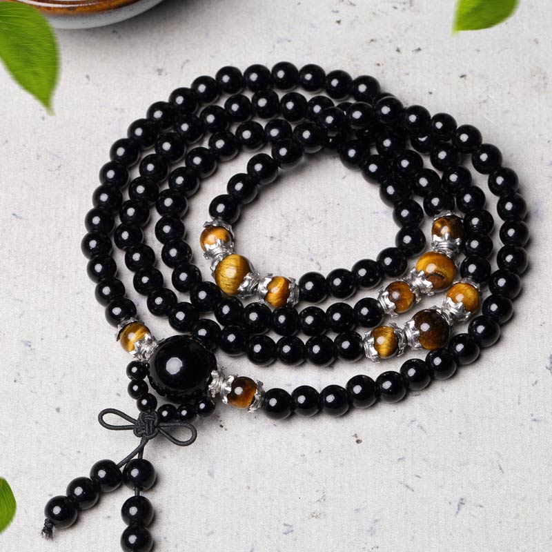 MythStone 108 Beads Natural Black Obsidian Tiger Eye Mala Bracelet