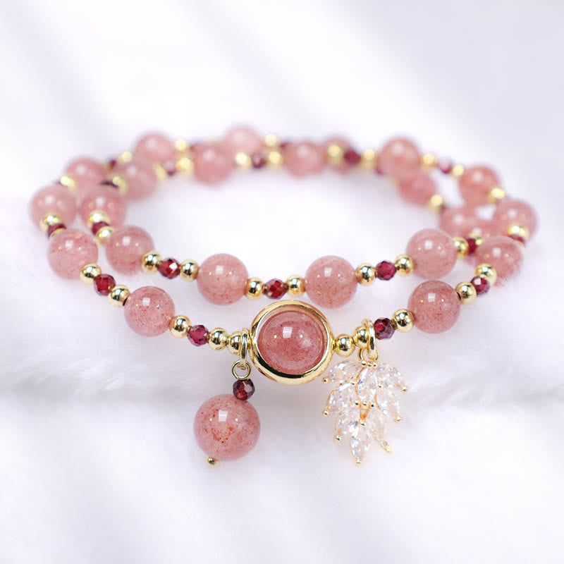 MythStone Natural Strawberry Quartz Love Healing Maple Leaf Charm Double Wrap Bracelet