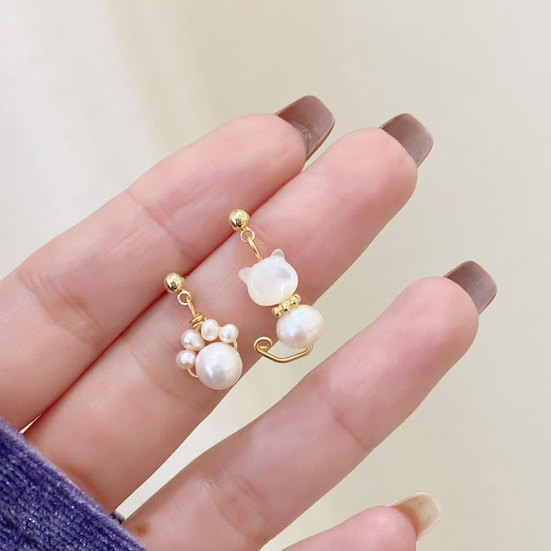 Mythstone Cute Cat Paw Pearl Wisdom Stud Drop Earrings