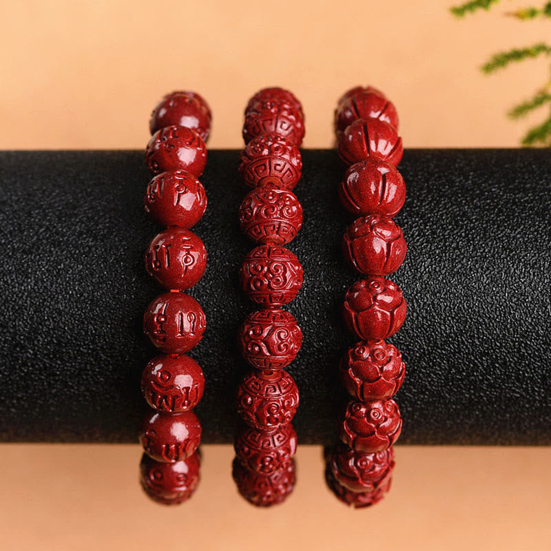 Mythstone Natural Cinnabar Om Mani Padme Hum Fret Pattern Lotus Blessing Bracelet