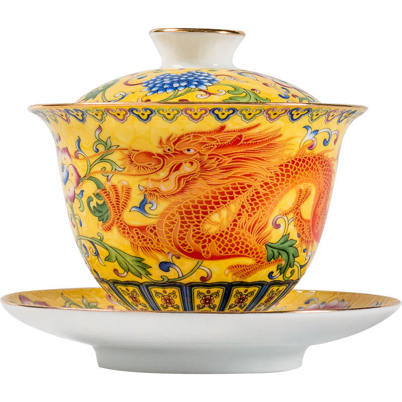 Mythstone Dragon Phoenix Flower Design Ceramic Gaiwan Sancai Teacup Kung Fu Tea Cup And Saucer With Lid