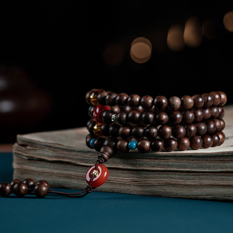 Mythstone 108 Mala Beads Kalimantan Agarwood Laughing Buddha Peace Buckle Red Agate Jade Strength Bracelet