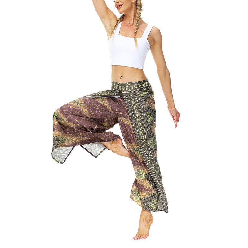 Mythstone Boho Geometric Feather Split Thigh Wide Leg Pants Sports Fitness Dance Women's Yoga Pants