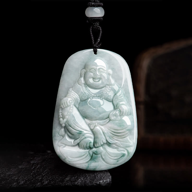 Mythstone Natural Jade Laughing Buddha Maitreya Buddha Luck String Necklace Pendant