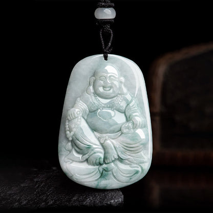 Mythstone Natural Jade Laughing Buddha Maitreya Buddha Luck String Necklace Pendant