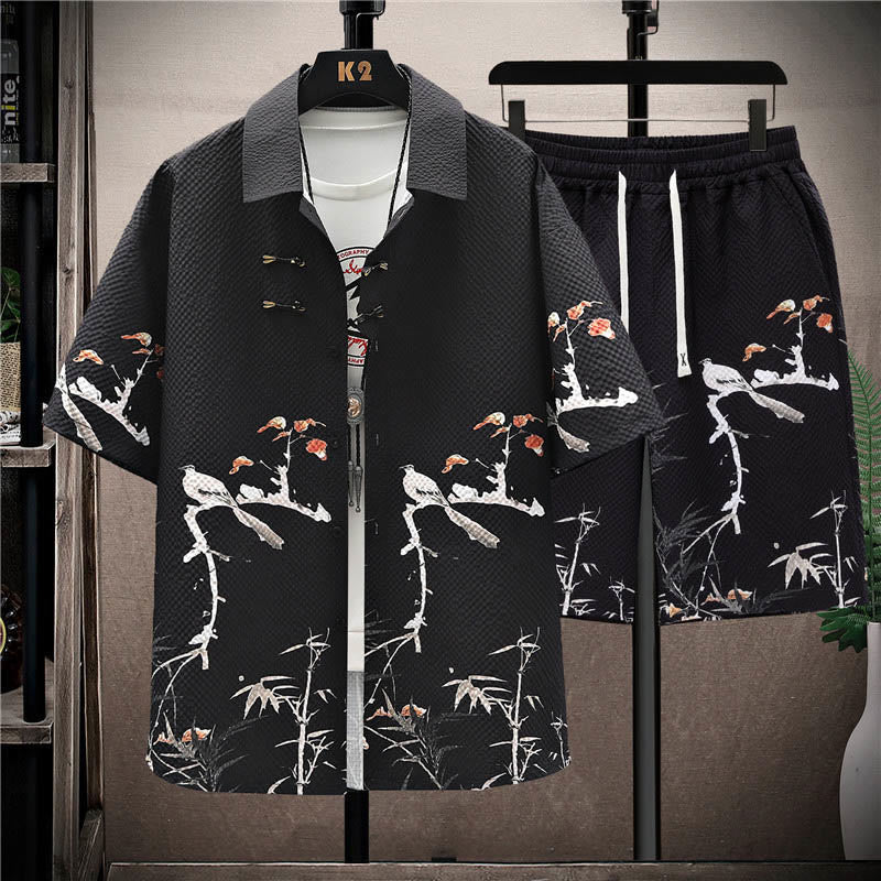 Mythstone Landscape Coconut Trees Magpie Pattern Short Sleeve Shorts Men's Set