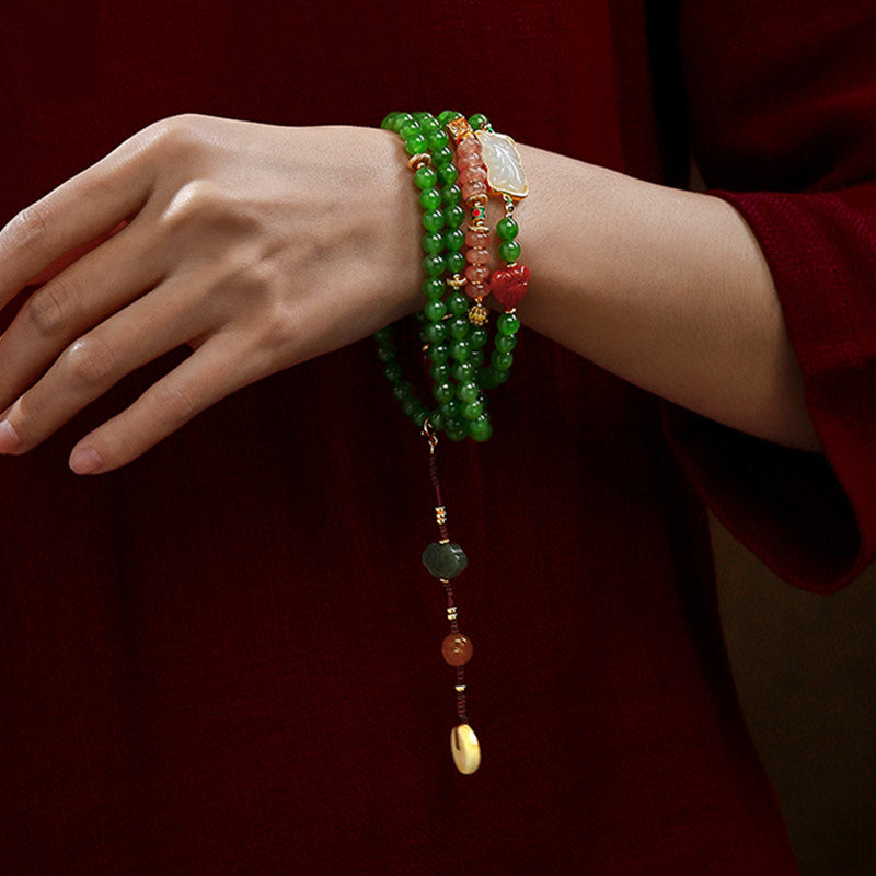 Mythstone 108 Mala Beads Cyan Jade Red Agate Laughing Buddha Luck Bracelet