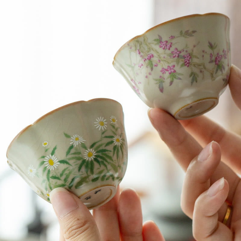 Mythstone Peach Blossom Daisy Flower Ceramic Teacup Kung Fu Tea Cups