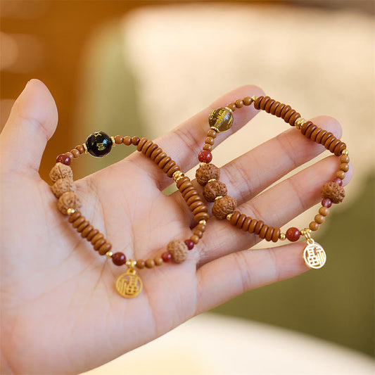 Mythstone Tibetan Bodhi Seed Black Onyx Smoky Quartz Om Mani Padme Hum Fu Character Wealth Bracelet