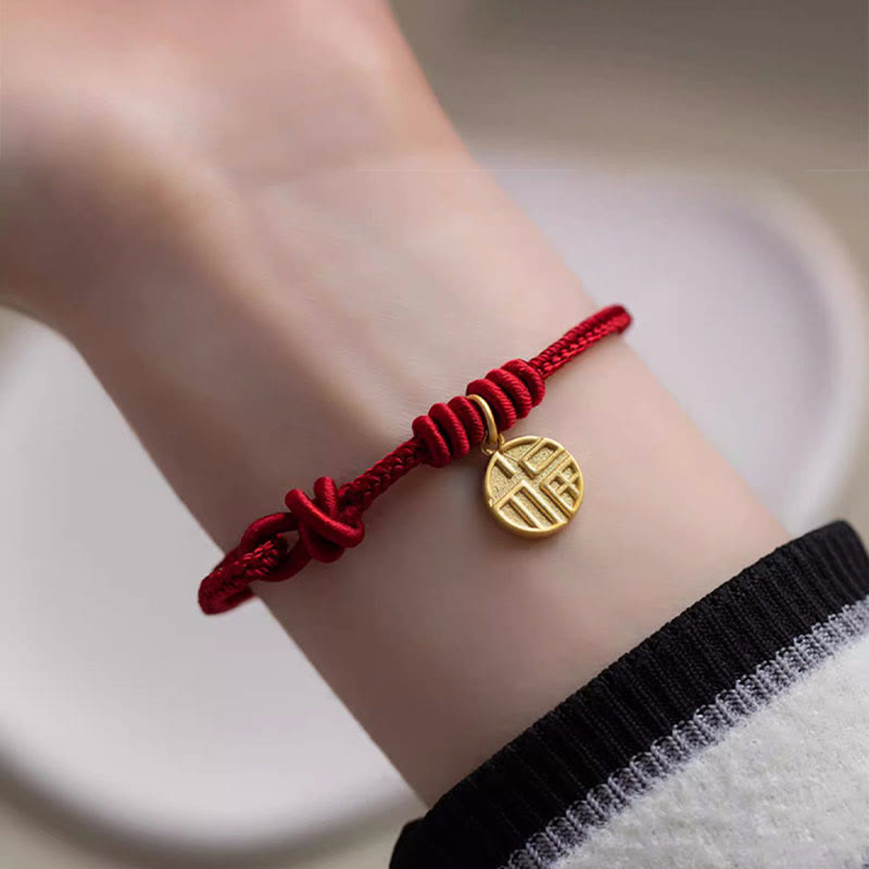 Mythstone Handmade Eight Thread Peace Knot Fu Character Charm Luck Happiness Red Rope Bracelet