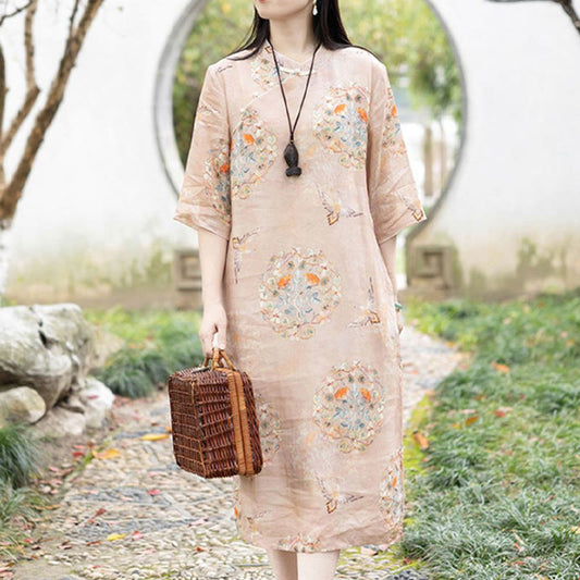 Mythstone Orange Flower Bird Print Cheongsam Midi Dress Cotton Linen Half Sleeve Dress With Pockets