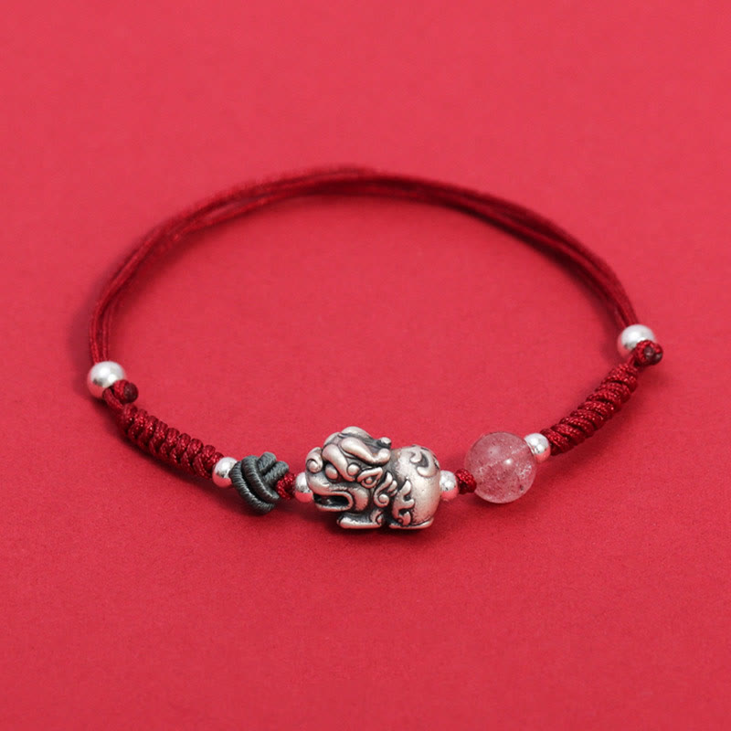 Mythstone 999 Sterling Silver PiXiu Strawberry Quartz Bead Wealth Luck Braided Bracelet