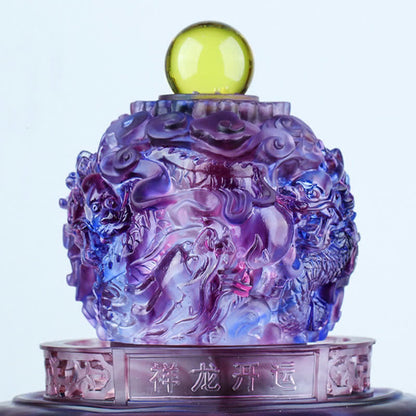 Mythstone Feng Shui Auspicious Dragon Handmade Liuli Crystal Rotatable Art Piece Luck Home Office Decoration