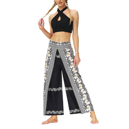 Mythstone Boho Flower Vine Split Thigh Wide Leg Pants Sports Fitness Dance Women's Yoga Pants