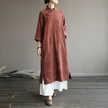 Mythstone Flower Jacquard Midi Dress Long Sleeve Cotton Linen Dress Wide Leg Pants With Pockets