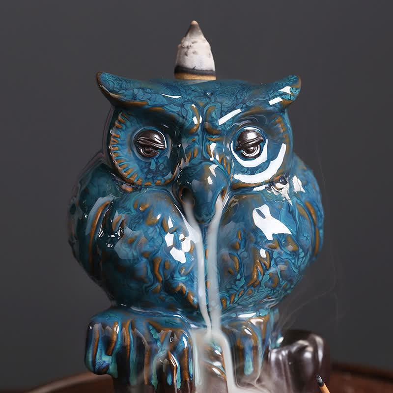 Mythstone Cute Owl Ceramic Backflow Smoke Fountain Meditation Healing Incense Burner Decoration