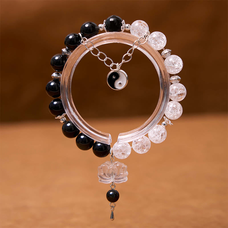 Mythstone Silver Sheen Obsidian Crackle Clear Quartz Black Rutilated Quartz Yin Yang Lotus Protection Bracelet