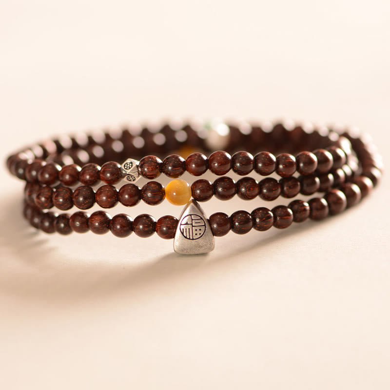 Mythstone 925 Sterling Silver Indian Small Leaf Red Sandalwood Fu Character Protection Triple Wrap Bracelet