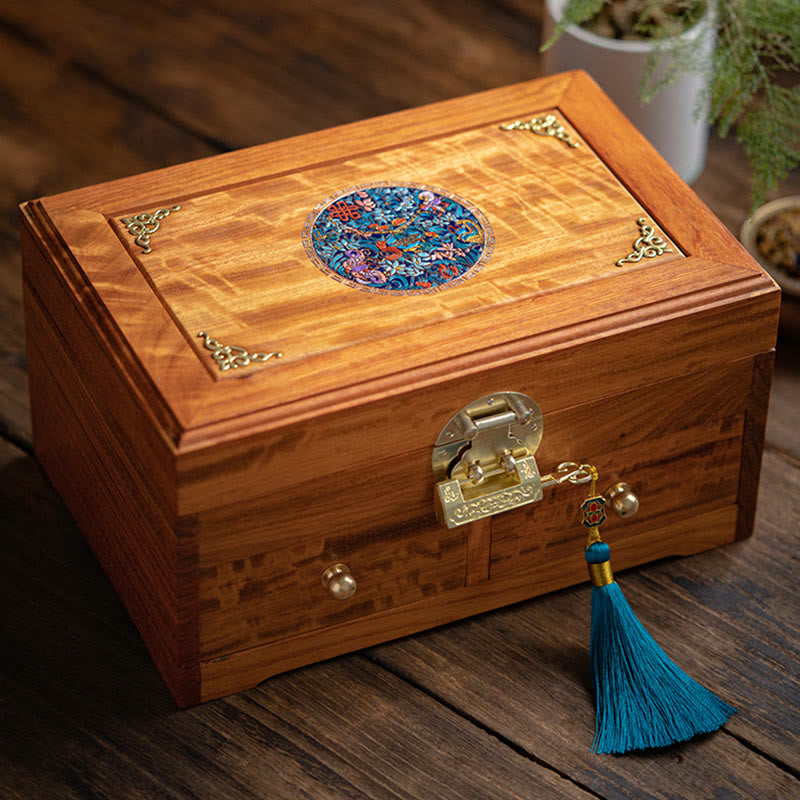 Mythstone Antique Handmade Rosewood Jewelry Storage Box Lockable Large Double Layer Flower Wooden Gift Organizer Box