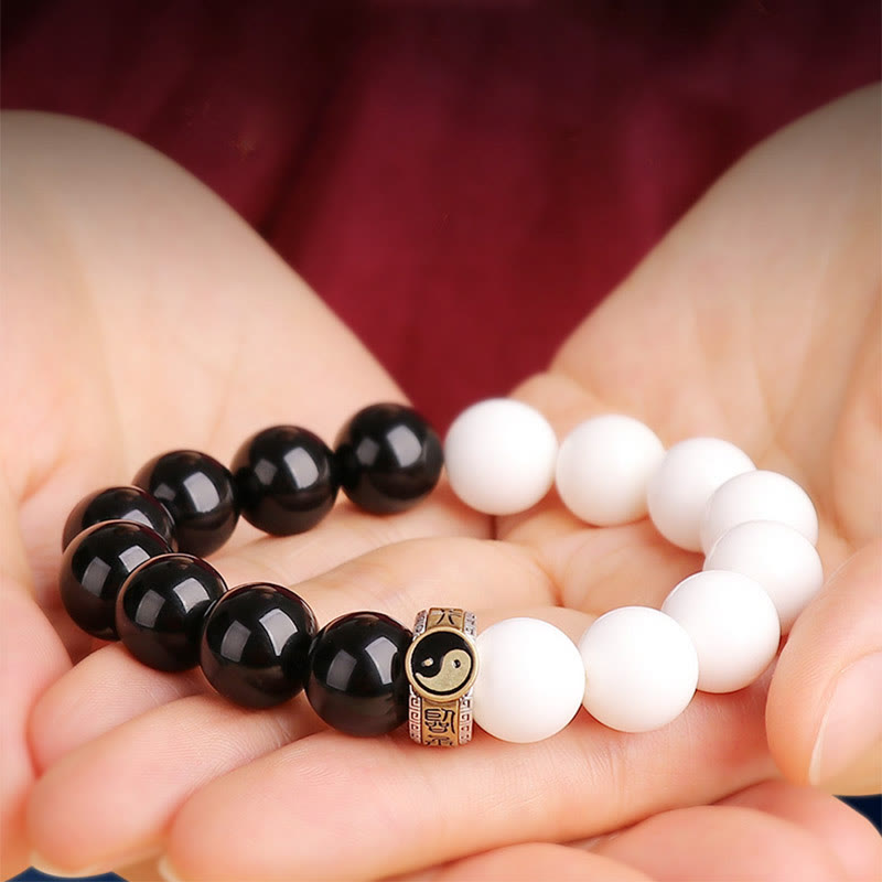 Mythstone 925 Sterling Silver Black Obsidian White Shell Yin Yang Strength Bracelet