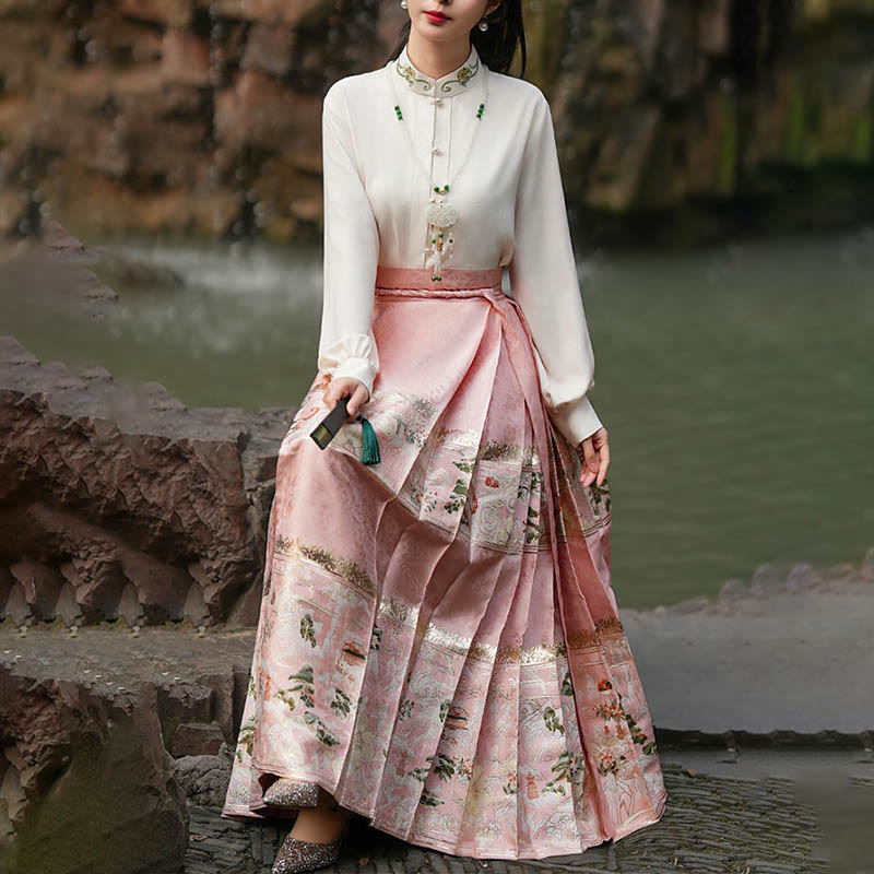 Mythstone Chinese Hanfu Pink Peach Garden Printed Horse Face Skirt Mamianqun