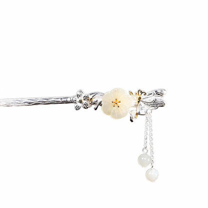 Mythstone 925 Sterling Silver Hetian White Jade Flower Blessing Hairpin