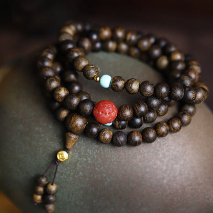 Mythstone 108 Mala Beads Agarwood Red Agate Turquoise Peace Meditation Bracelet