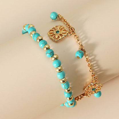 Mythstone 2Pcs Turquoise Stone Flower Protection Bracelet Anklet