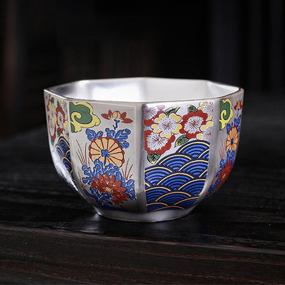 Mythstone 999 Sterling Silver Gilding Chrysanthemum Flowers Ceramic Teacup Kung Fu Tea Cup