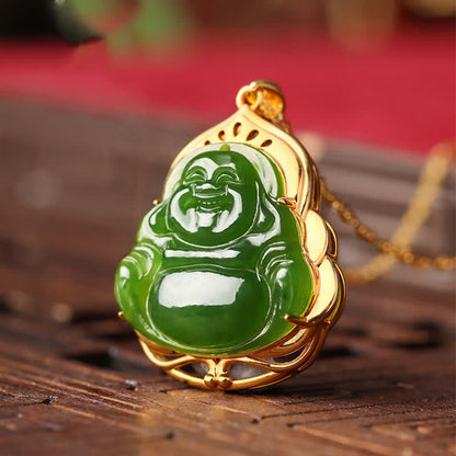 Mythstone 925 Sterling Silver Natural Hetian Cyan Jade Laughing Buddha 18K Gold Healing Necklace Chain Pendant