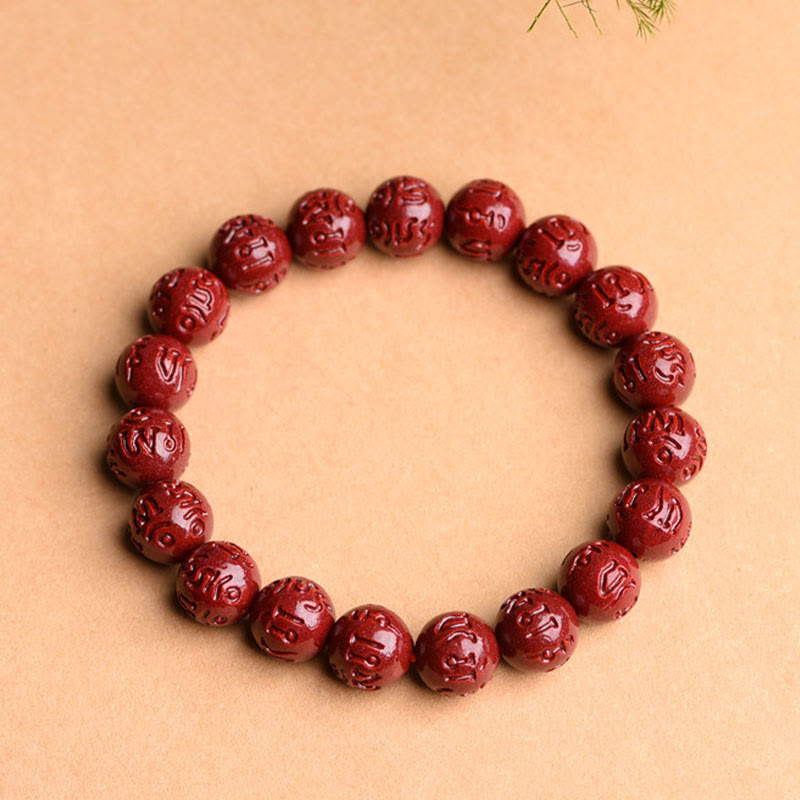 Mythstone Natural Cinnabar Om Mani Padme Hum Fret Pattern Lotus Blessing Bracelet