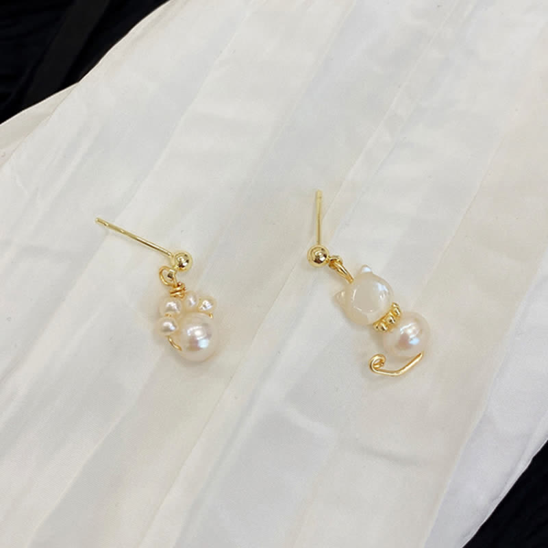 Mythstone Cute Cat Paw Pearl Wisdom Stud Drop Earrings