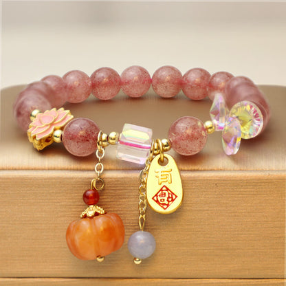 Mythstone Natural Strawberry Quartz Fu Character Pumpkin Charm Positive Bracelet