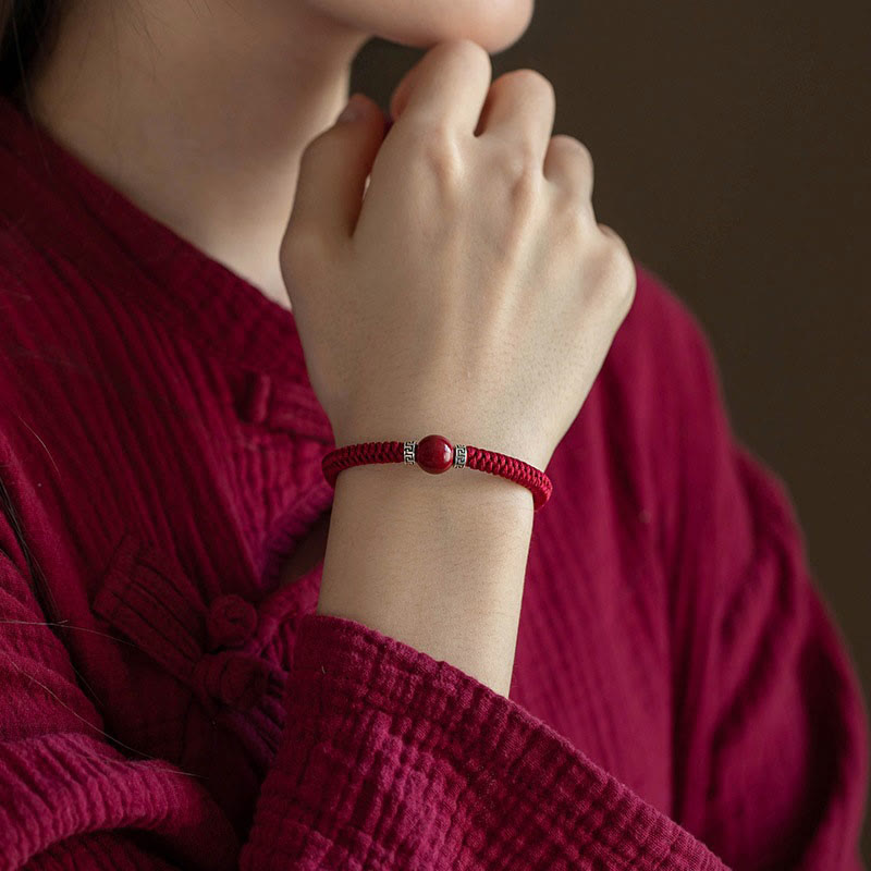 Mythstone 925 Sterling Silver Natural Cinnabar Bead Calm Handmade Braided String Bracelet