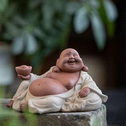 Lingotes de Buda sonriente de piedra mitológica que atraen la riqueza Estatua decorativa de arcilla morada de Maitreya 