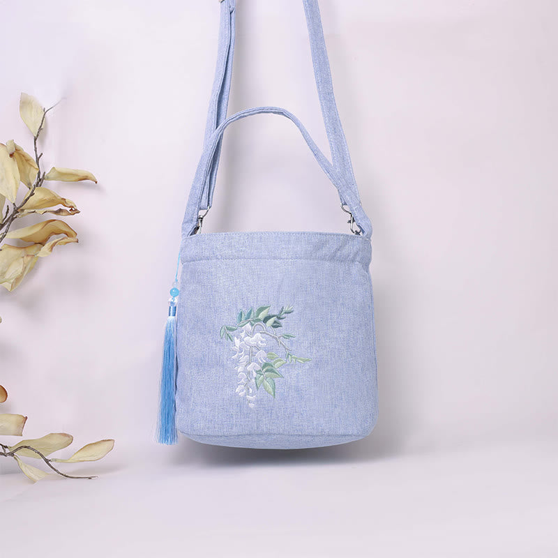 Mythstone Embroidery Wisteria Plum Lotus Cherry Blossom Cotton Linen Canvas Tote Crossbody Bag Shoulder Bag Handbag