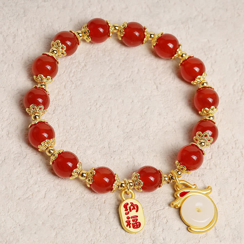 MythStone Year of the Dragon Red Agate Green Aventurine Peace Buckle Fu Character Lucky Fortune Bracelet