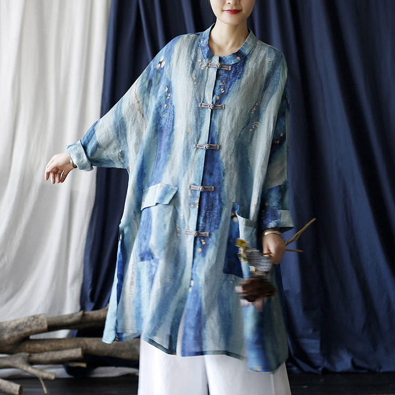 Mythstone Blue White Beige Small Flower Frog-button Design Long Sleeve Ramie Linen Jacket Shirt With Pockets