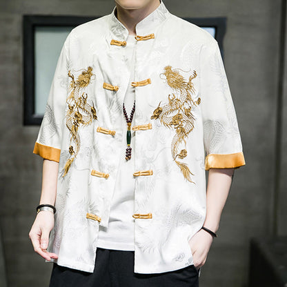 Mythstone Frog-Button Chinese Dragon Embroidery Half Sleeve Shirt Linen Men Clothing