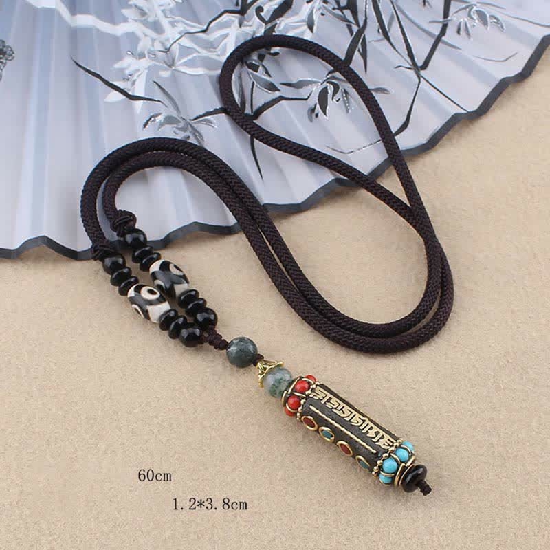 Mythstone Tibetan Om Mani Padme Hum Dzi Bead Wenge Wood Necklace Pendant