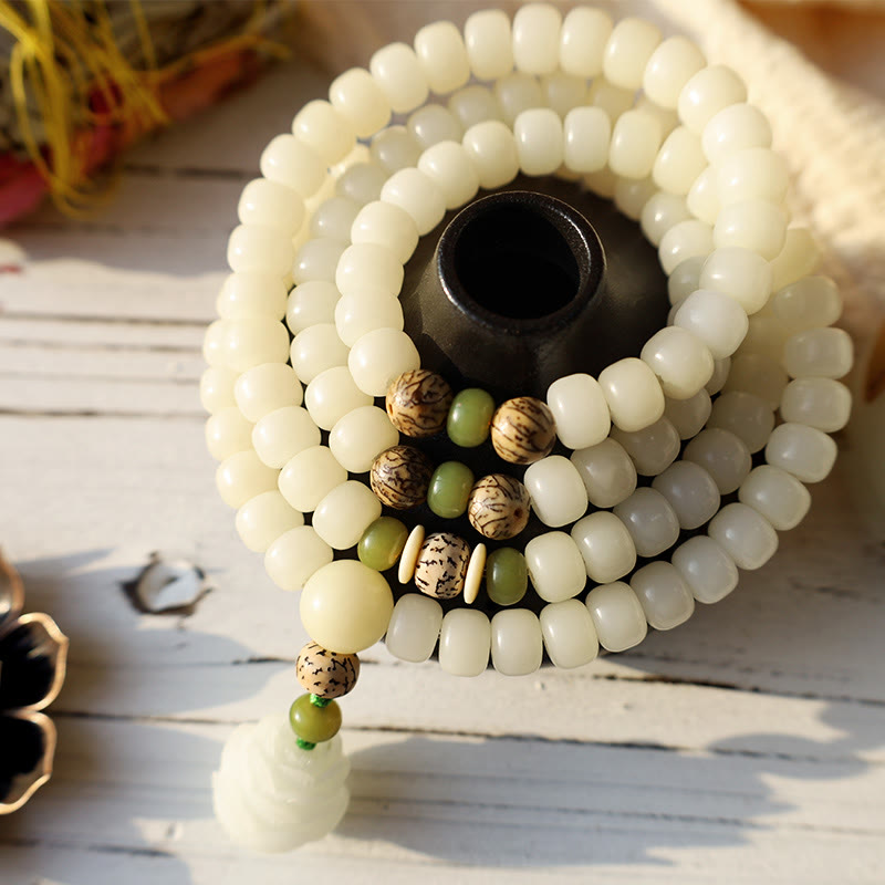 Mythstone White Jade Bodhi Lotus Mala Harmony Necklace Bracelet