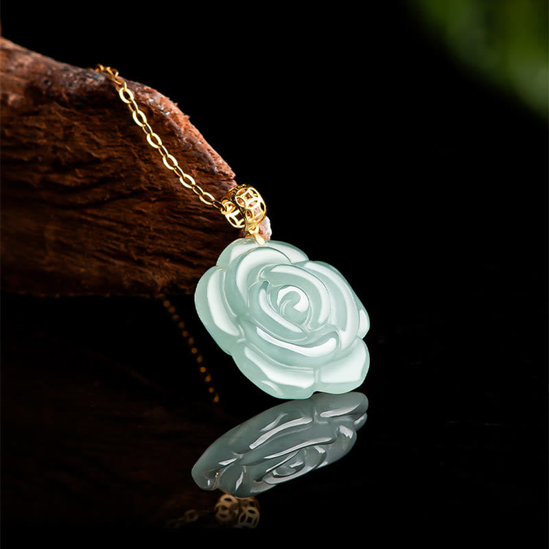 Mythstone 18K Gold 925 Sterling Silver Natural Jade Rose Luck Necklace Pendant