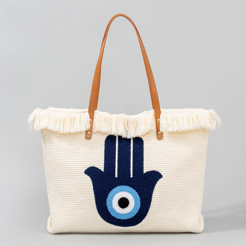 Mythstone Large Capacity Evil Eye Leaf Hamsa Tassel Canvas Tote Shoulder Bag